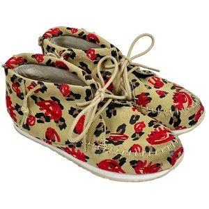 AKID Big Girls 4Y Leather Moccasin Booties Leopard Tan  with Red Embroidery